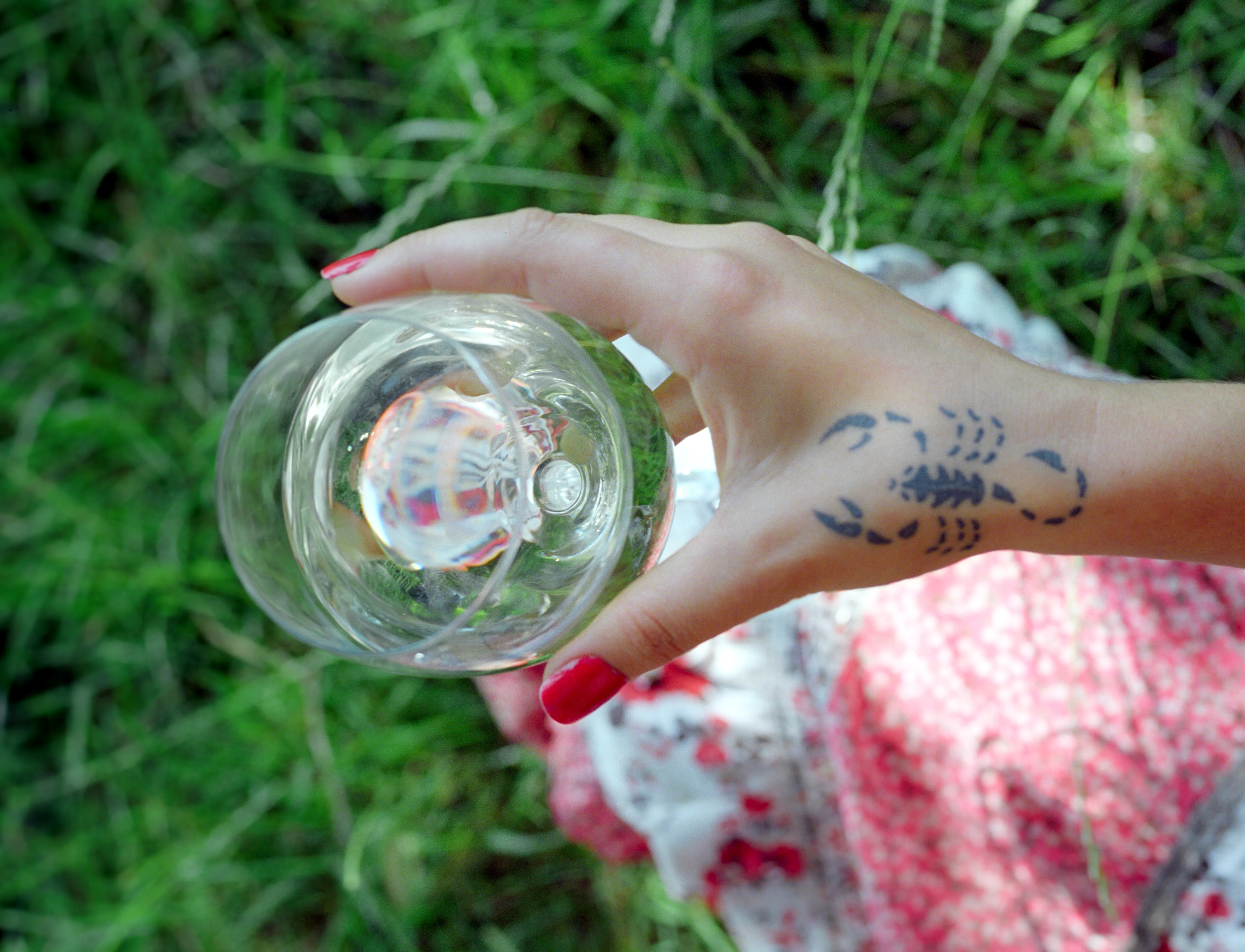 A hand with red-painted nails and a scorpion tattoo holds a nearly empty wine glass above grass, a red floral dress below.