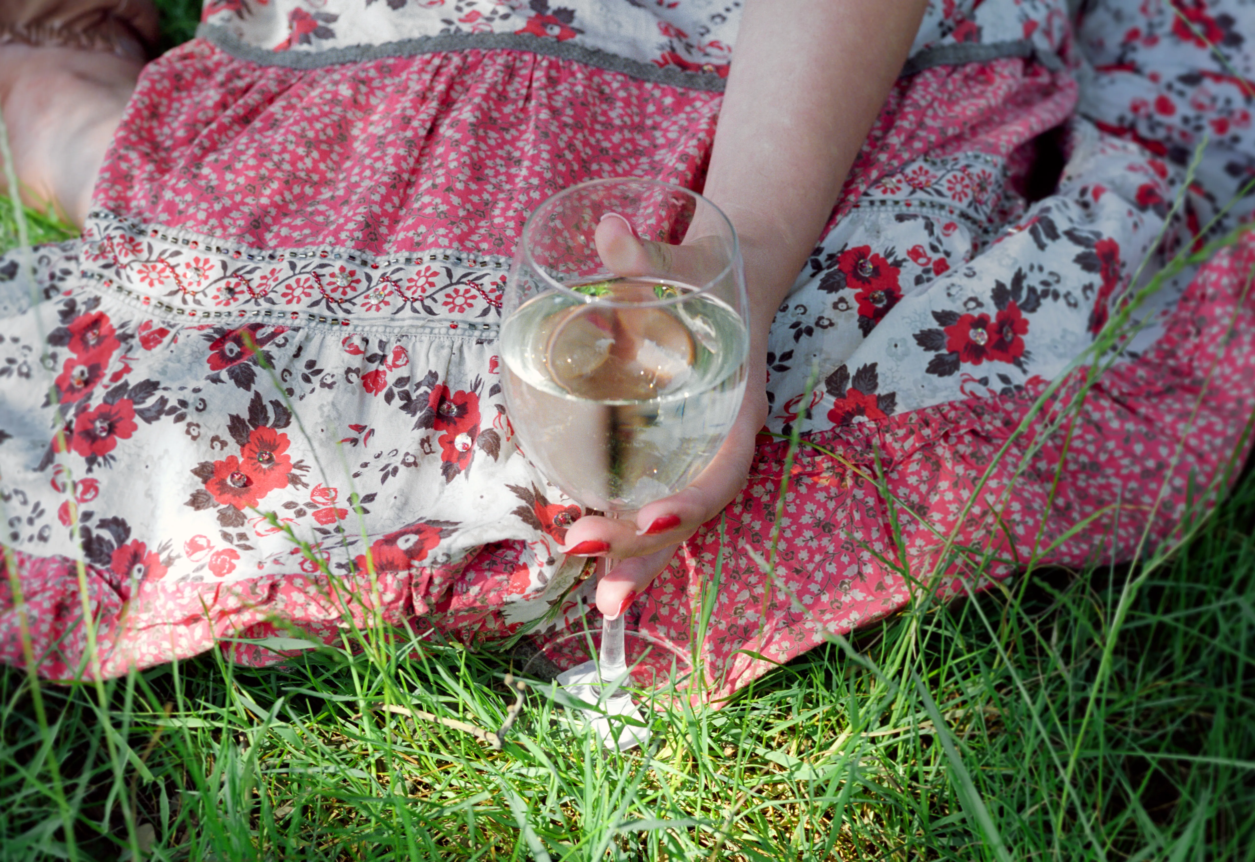 A seated woman in a red floral dress holds a glass of white wine on her lap, grass in the foreground.
