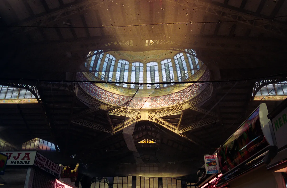 Looking up past the fruit stalls' signs to the market dome, netting and girders washed in green light.