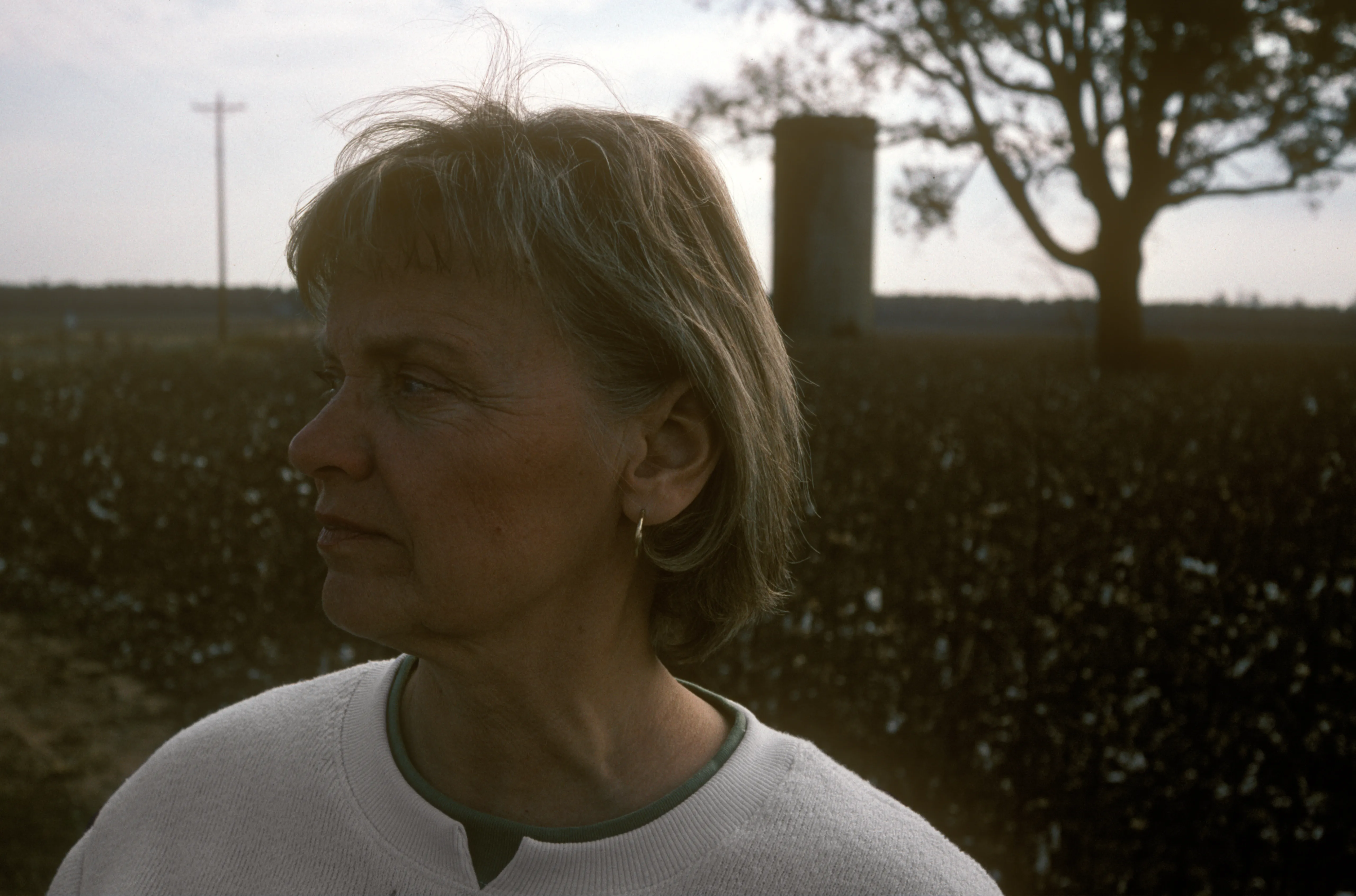 Brenda in profile in an open field at dusk, a silo and a bare tree on the horizon behind her.