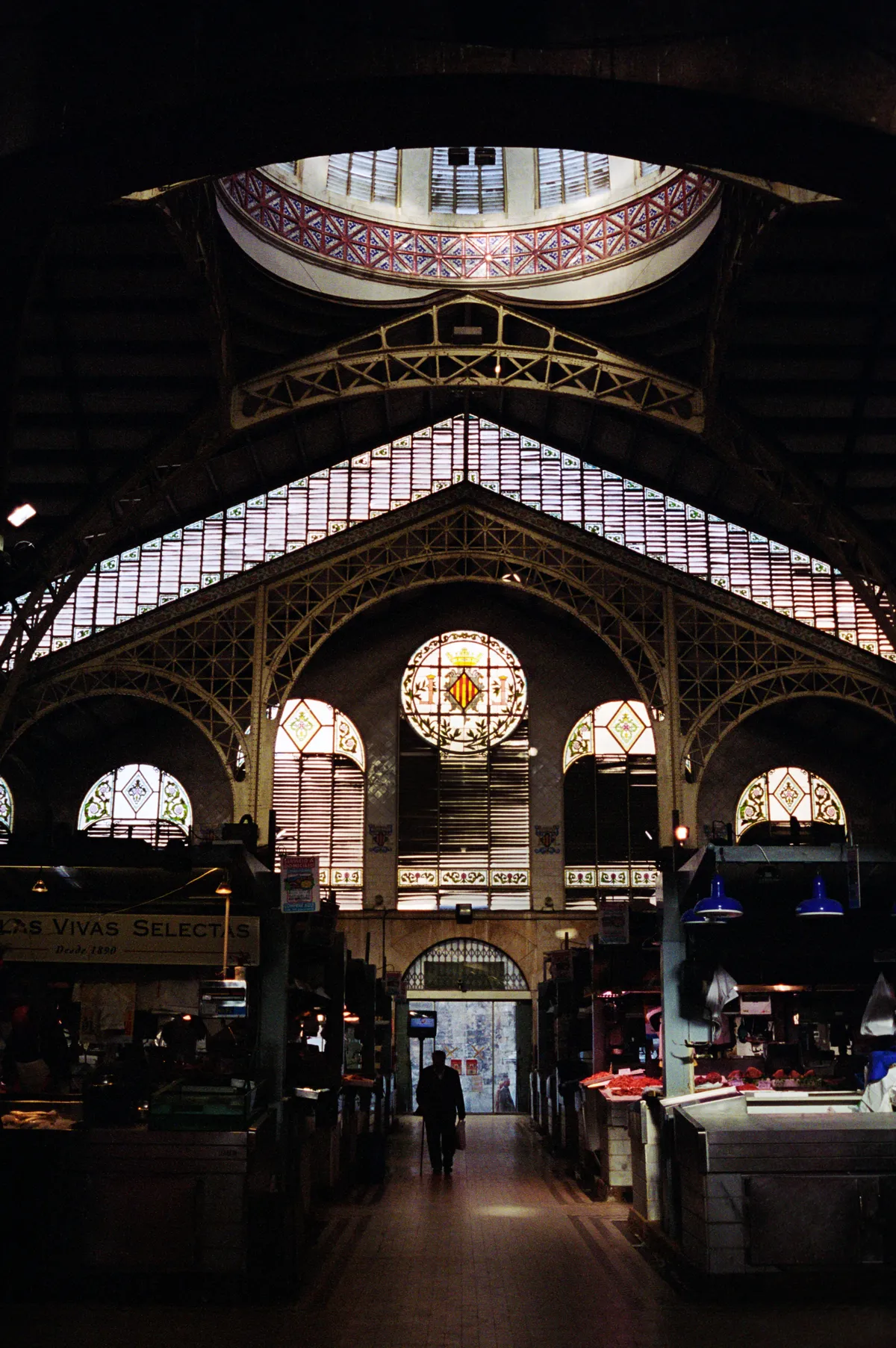 The market's iron nave in early light, one figure with a bag walking the empty aisle between the stalls.