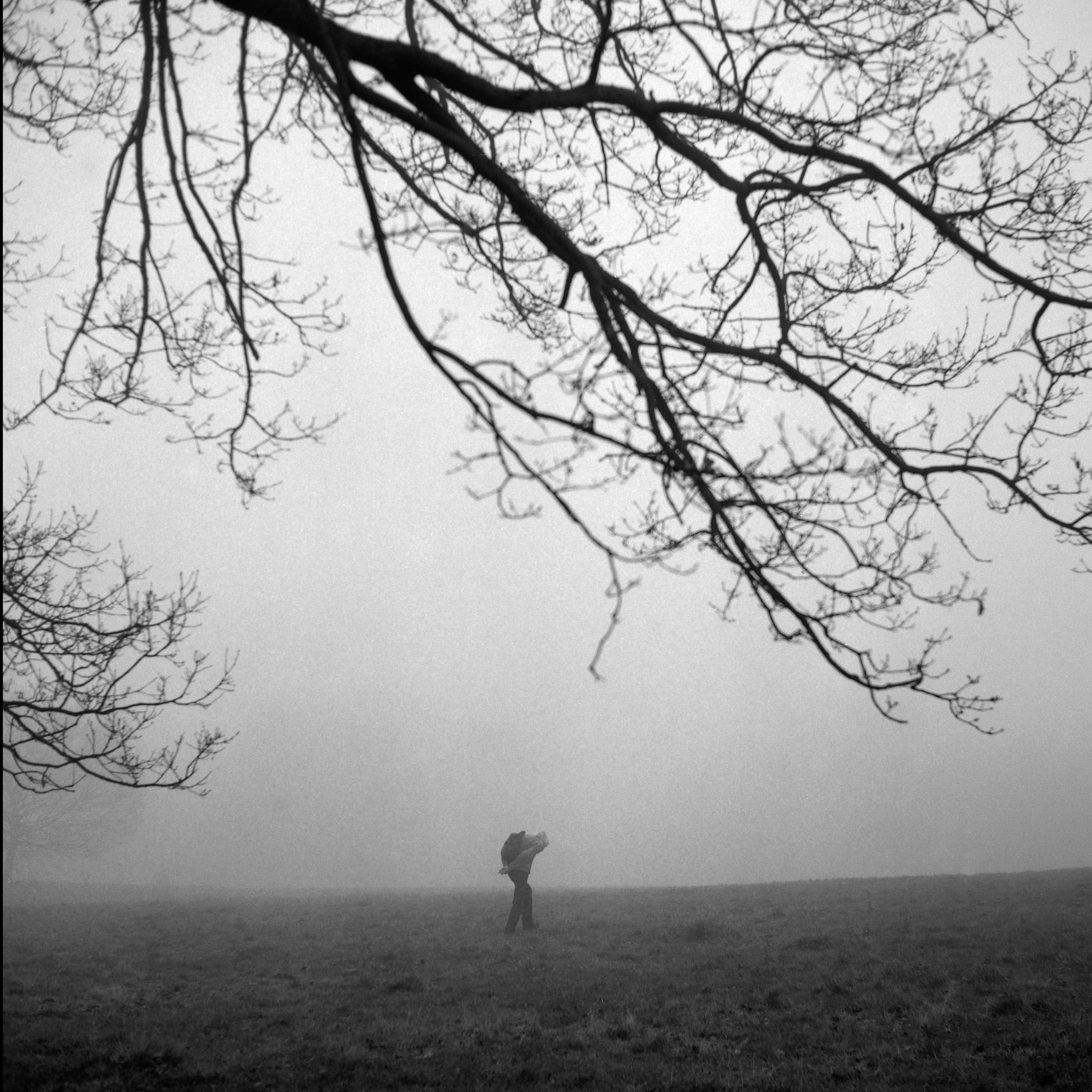 A solitary figure set out across open heath, the distance dissolving into mist.