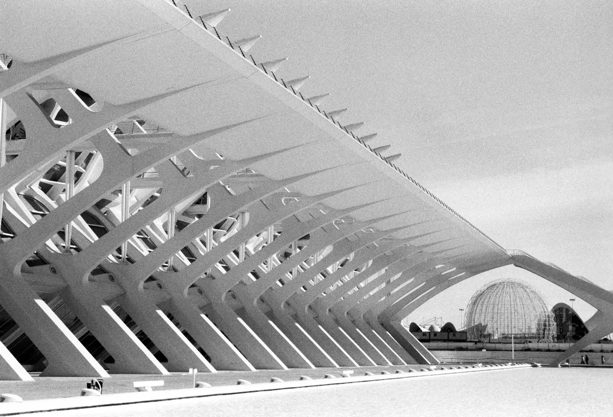 The Science Museum's flank — white ribs and serrated struts in hard light, a latticed dome beyond.