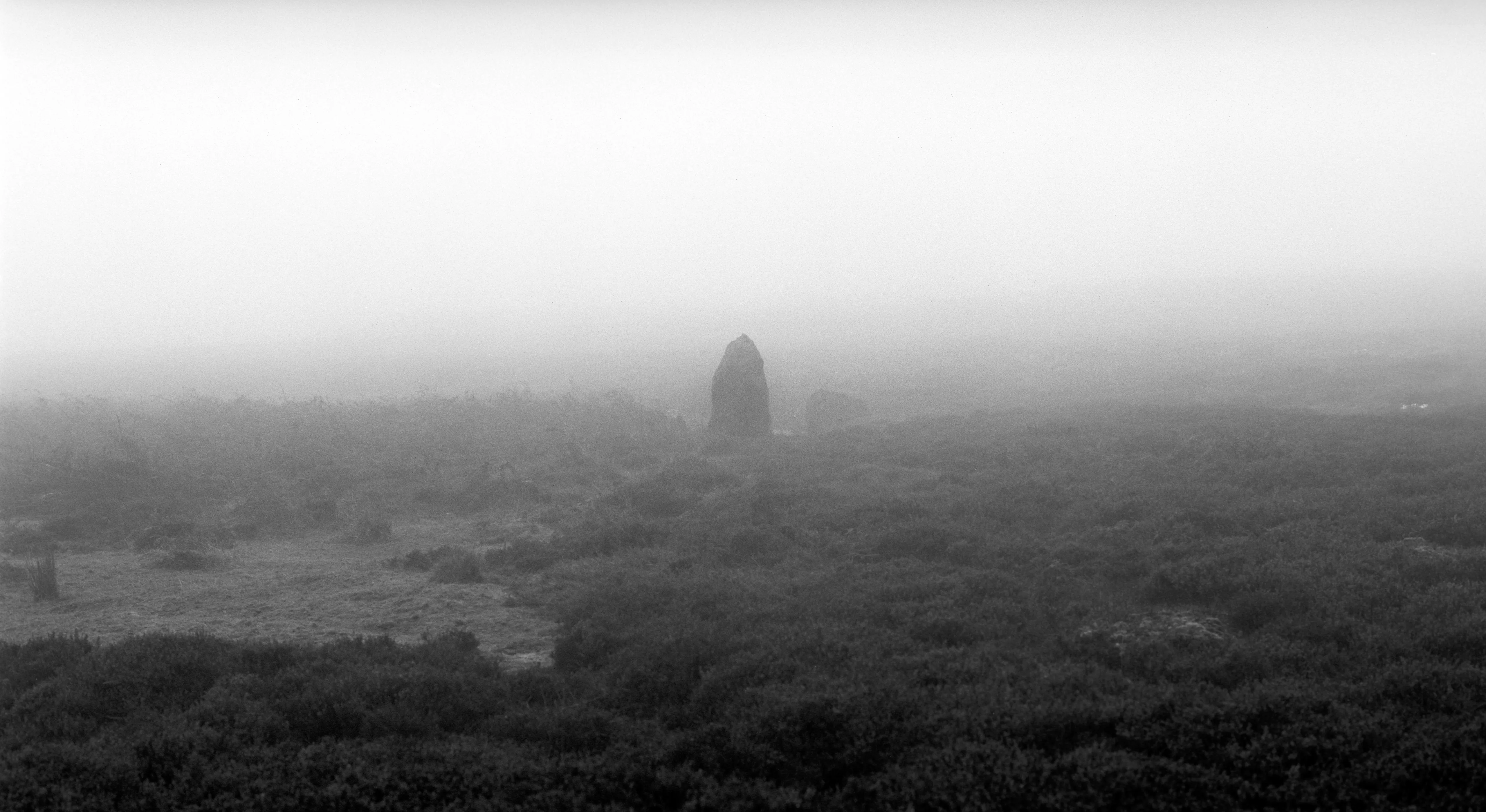 A lone standing stone in fog on open moorland, the heath dissolving to pale silver around it.