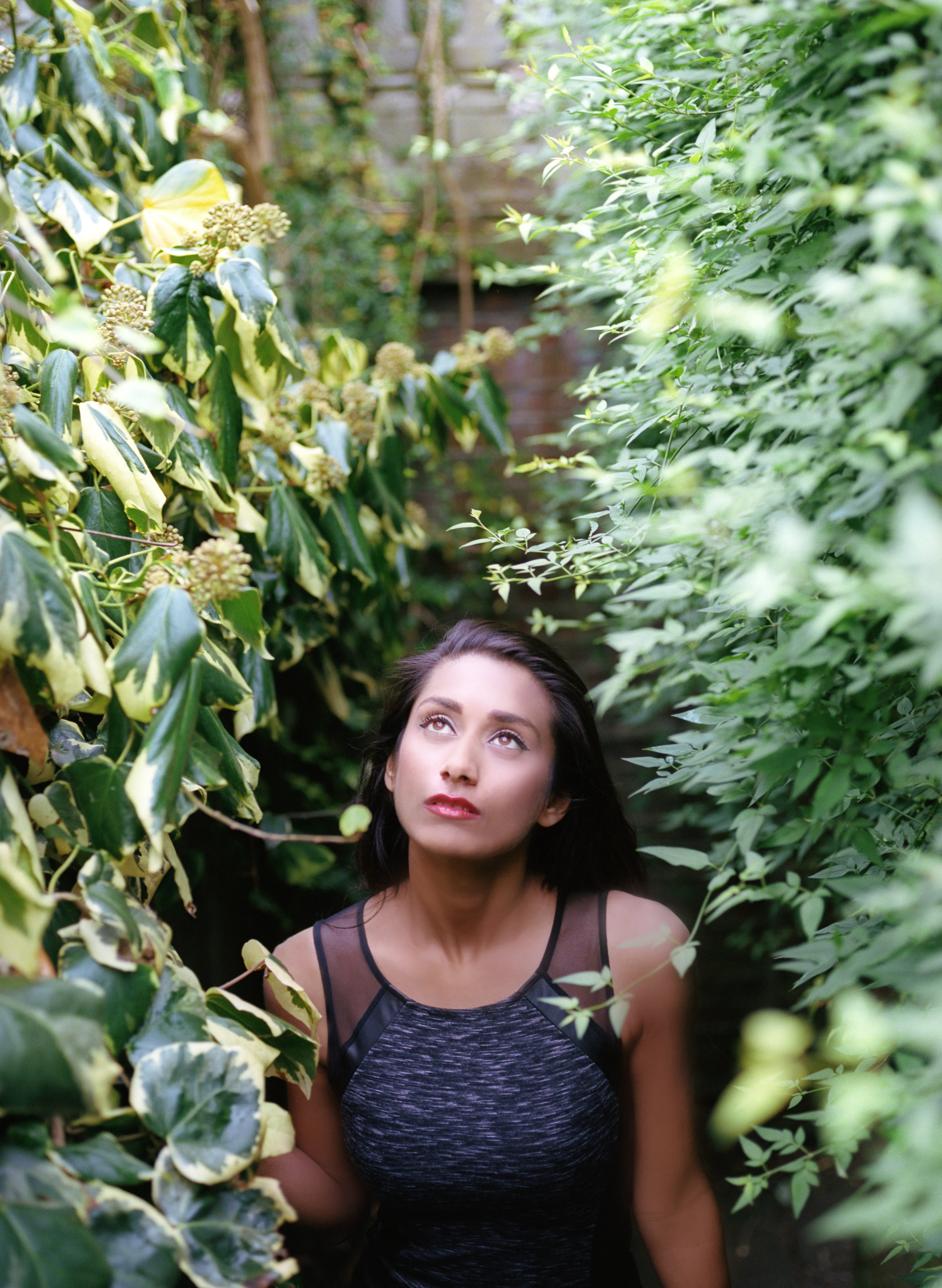 Shreena among dense ivy and foliage, looking upward in cool light.