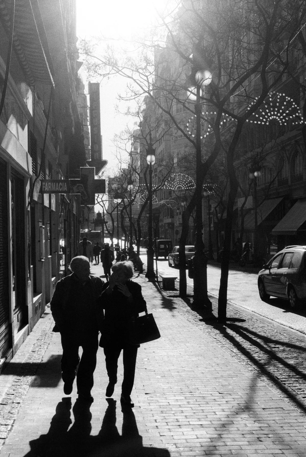 An elderly couple arm in arm on a backlit street, bare trees and festive lights strung overhead.