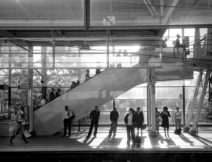 The London Underground's machinery of escalators and tunnels, carrying its passengers down through the system.
